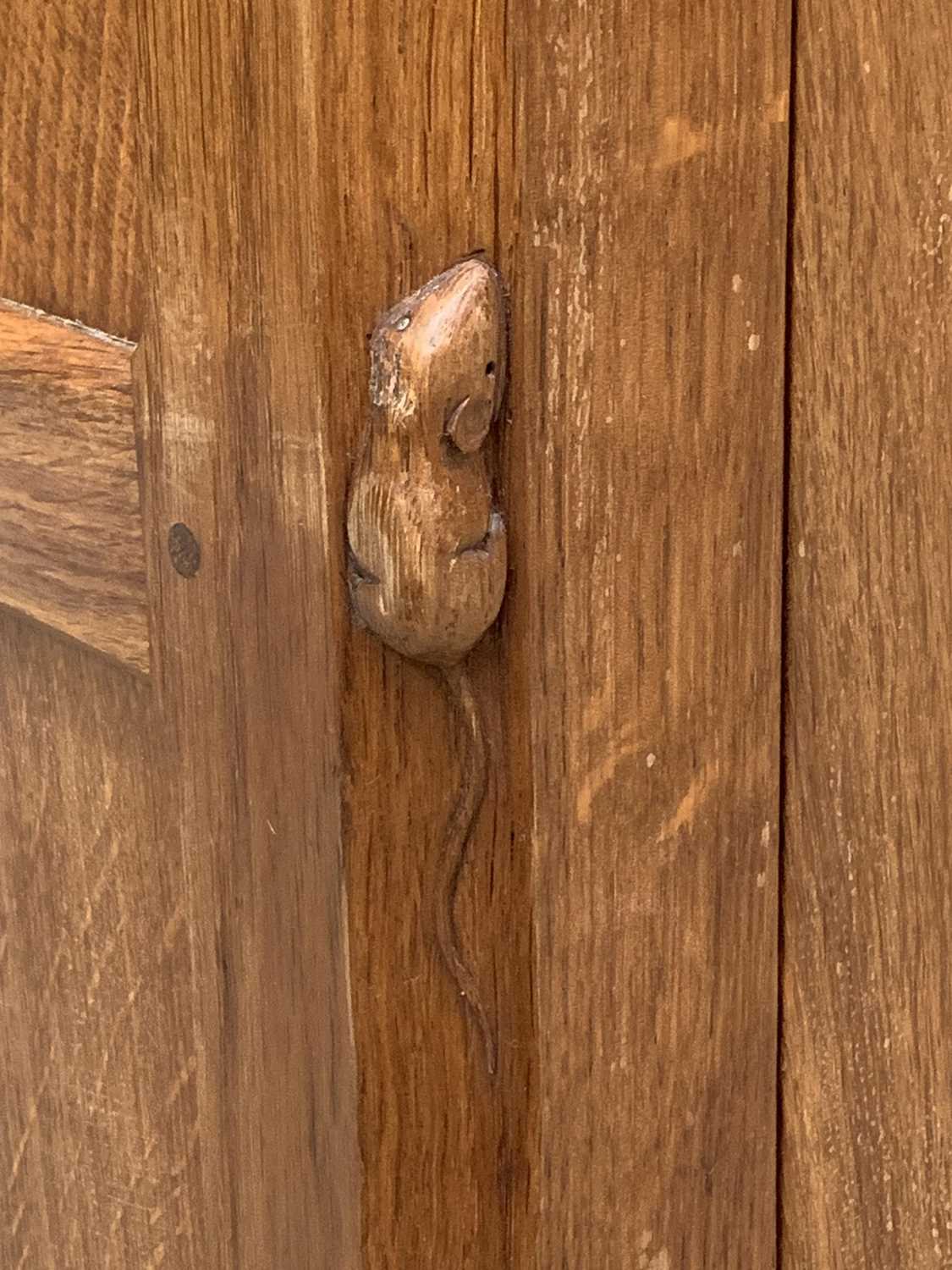 ROBERT "MOUSEMAN" THOMPSON (KILBURN) ADZED OAK 5ft DRESSER having a three shelf rack with carved - Image 3 of 6