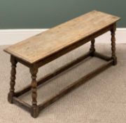 REPRODUCTION OAK LONG BENCH/TABLE on turned supports and block stretchers, 47cms H, 107cms w,