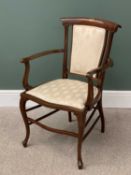 NICE QUALITY INLAID MAHOGANY BEDROOM ARMCHAIR with re-upholstered classic fabric seat and back