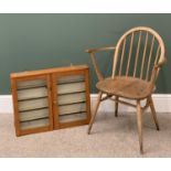 ERCOL LIGHT ELM SPINDLEBACK ELBOW CHAIR, 83cms H, 61cms W, 38cms D and glass fronted oak wall
