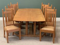 STYLISH REPRODUCTION OAK REFECTORY STYLE DINING TABLE & SET OF EIGHT CHAIRS, the table on double
