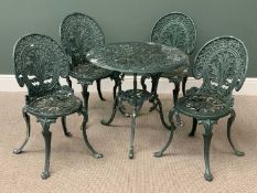 GREEN PAINTED ALUMINIUM FIVE PIECE GARDEN FURNITURE SET comprising circular topped table, 66cms H,