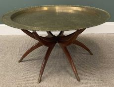 LARGE EASTERN BRASS TOP FOLDING TABLE, 90cms diameter dished top with bird, animal and floral