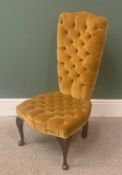 ANTIQUE STYLE GOLD DRALON BUTTON UPHOLSTERED HIGH BACK NURSING CHAIR, 98cms H, 49cms W, 40cms D