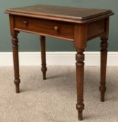 VICTORIAN MAHOGANY SINGLE DRAWER HALL TABLE, the top with stepped moulding over a single frieze