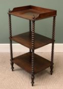 VICTORIAN ROSEWOOD THREE TIER WHATNOT, the top with closed rail to three sides and turned finial