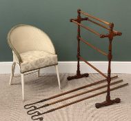 VICTORIAN MAHOGANY TOWEL RAIL, Lloyd loom type bedroom chair, 75cms H, 52cms W, 39cms D and three