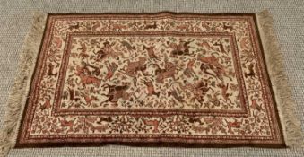 PERSIAN SILK STYLE RUG with animal patterned border and central hunt scene, 120 x 68cms