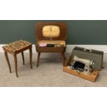 NOVIUM ELECTRIC SEWING MACHINE with foot pedal (cased) and two lift-lid work tables, one being a