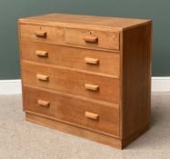 MID CENTURY LIGHT OAK CHEST of two short over three long drawers with wooden cup handles, on a