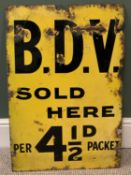 VINTAGE ENAMEL SIGN "B.D.V. SOLD HERE, 41/2 D PER PACKET", 77cms H, 51cms W