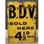 VINTAGE ENAMEL SIGN "B.D.V. SOLD HERE, 41/2 D PER PACKET", 77cms H, 51cms W