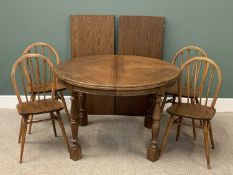 CIRCULAR OAK EXTENDING DINING TABLE and two leaves, 75cms H, 115cms diameter (closed), 215cms