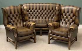 BUTTON UPHOLSTERED LEATHER THREE PIECE SUITE comprising three seater settee, 112cms H, 176cms W,