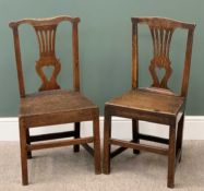 ANTIQUE OAK FARMHOUSE CHAIRS, a pair, having open heart carved central splats and solid seats with