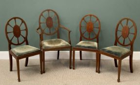 SHERATON STYLE MAHOGANY DINING CHAIRS (x4, 3 plus 1), having spoked wheel backs with string inlay,