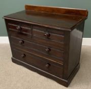 LATE VICTORIAN PINE RAILBACK CHEST of two short over two long drawers with turned wooden knobs, on a