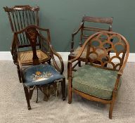 ANTIQUE & VINTAGE ARMCHAIRS, various x 4, to include a rush seated farmhouse example, 85cms H, 53cms