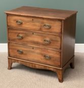 GEORGIAN MAHOGANY CHEST of three drawers with oval ribbon swag backplates and swing handles, cock-