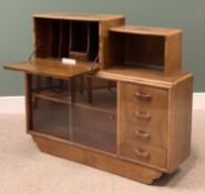 CIRCA 1930 WALNUT BUREAU BOOKCASE having a drop down fall and open cupboard to the top over a base