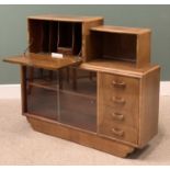 CIRCA 1930 WALNUT BUREAU BOOKCASE having a drop down fall and open cupboard to the top over a base