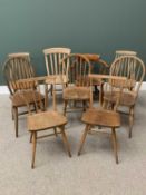 ERCOL STYLE STICKBACK & OTHER CHAIRS GROUP (9) including a vintage smoker's type bow armchair,