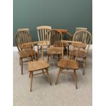 ERCOL STYLE STICKBACK & OTHER CHAIRS GROUP (9) including a vintage smoker's type bow armchair,