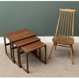 ERCOL LIGHT ELM STICKBACK CHAIR, 98cms H, 42cms W, 38cms D and a nest of three G-Plan teak side