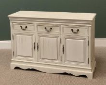 SHABBY CHIC REPRODUCTION SIDEBOARD having three frieze drawers and three lower cupboard doors on a