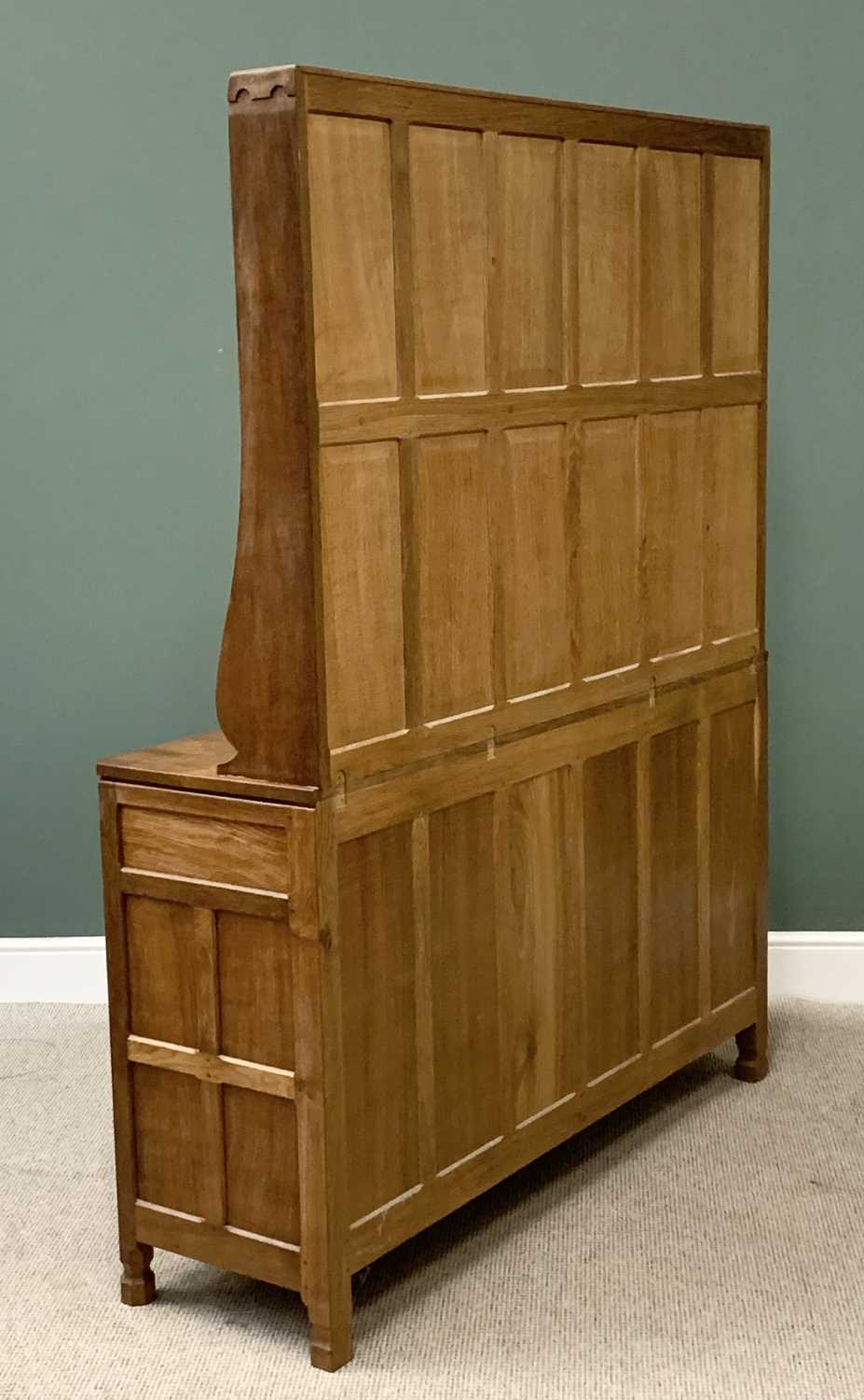 ROBERT "MOUSEMAN" THOMPSON (KILBURN) ADZED OAK 5ft DRESSER having a three shelf rack with carved - Image 6 of 6