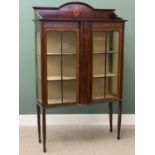 CIRCA 1900 INLAID MAHOGANY CHINA DISPLAY CABINET having a shaped top rail and slim lower central