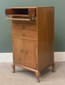 VINTAGE MAHOGANY & WALNUT MUSIC CABINET having four upper drop down front sheet music drawers over