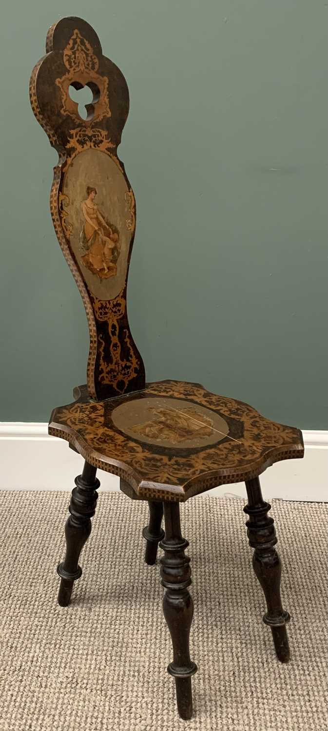 ANTIQUE SPINNER'S CHAIR having almost all over stencilled detail and applied Victorian scraps to the