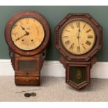 VINTAGE AMERICAN DROP DIAL WALL CLOCKS (2), both dials set with Roman numerals, 69cms H, 42cms W (