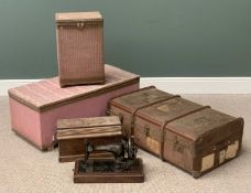 WOODEN BANDED STEAMER TRUNK, 32cms H, 94cms W, 55cms D, two Lloyd loom type items and a hand crank