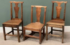 THREE ANTIQUE OAK/ELM FARMHOUSE CHAIRS to include a pair with heart shaped central splat, 92cms H,