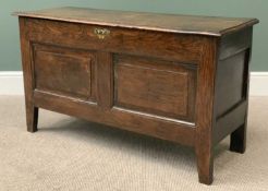 CIRCA 1800 OAK COFFER, having a two plank moulded edge top to a peg-joined twin chamfered front,