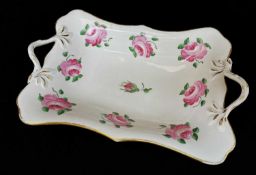 SWANSEA PORCELAIN TWIG-HANDLED CENTRE DISH decorated with a series of single pink roses and