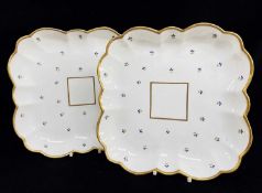 PAIR OF SWANSEA PORCELAIN SQUARE DISHES cornflower pattern and of fluted form with gilt rims, 23 x