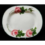 LLANELLY POTTERY TEA ROSE PLATTER having three painted open roses with green leaves within a solid