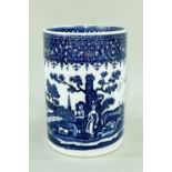 POSSIBLY CAMBRIAN POTTERY RURAL LOVERS TRANSFER MUG of cylindrical form with ear-shaped handle, blue