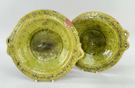 NEAR PAIR OF EWENNY POTTERY FRUIT-DISHES in light mottled green glaze, border with sgraffito