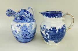 TWO SWANSEA CAMBRIAN POTTERY JUGS blue and white transfers 'Bridge of Lucano' and 'Longbridge',