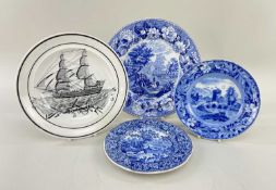 FOUR SWANSEA POTTERY PLATES comprising (1) Dillwyn ship plate in monochrome with sailing ship and