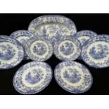 GROUP OF LLANELLY COLANDINE PATTERN BLUE PRINTED POTTERY comprising six dinner plates, 27cms diam.