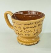 EWENNY CLAY PITS POTTERY SHAVING MUG in mustard glaze, having loop handle and bisected into