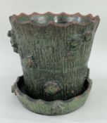 EWENNY POTTERY PLANT POT & SAUCER of naturalistic tree trunk form with bark texture and truncated