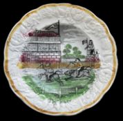 RARE YNYSMEUDWY POTTERY NURSERY DISH transfer decorated with 'The Pig Race', within floral moulded