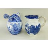 TWO SWANSEA CAMBRIAN POTTERY JUGS blue and white transfers 'Bridge of Lucano' and 'Longbridge',