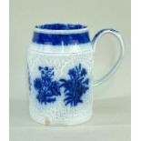 SWANSEA CAMBRIAN POTTERY CABBAGE LEAF MOULDED TANKARD with tapering neck, blue transfer 'Floral